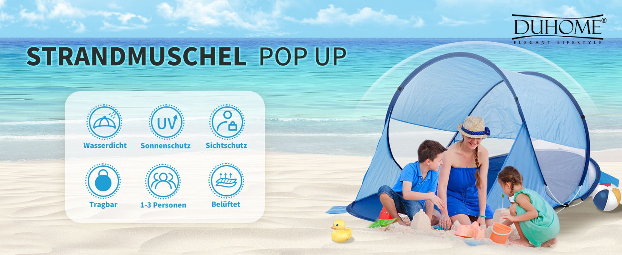 Duhome Strandmuschel Pop Up Strandzelt Wetter- und Sichtschutz Wurfzelt Tragbar UV40+ Pavillon 3 Personen für Camping Picknick, Dunkelblau