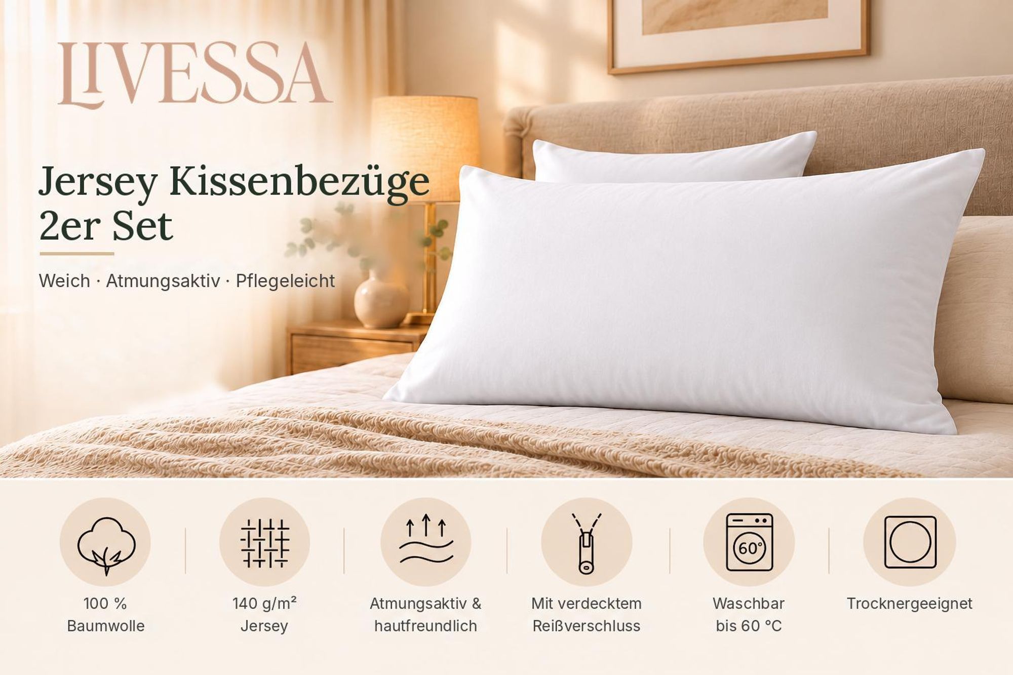 Livessa Jersey Kissenbezug 2er Set aus 100 % Baumwolle auf dem Bett – weicher Kopfkissenbezug
