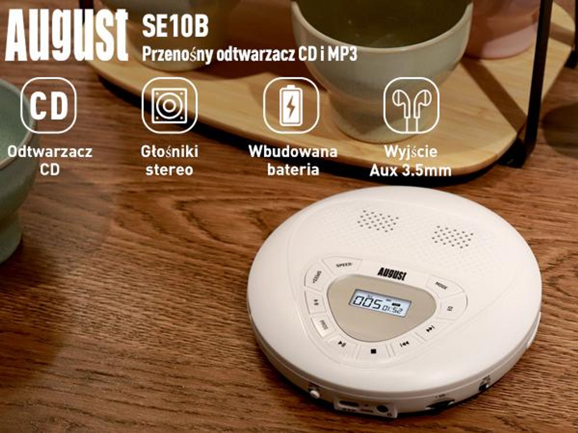 Przenośny odtwarzacz CD z wbudowanymi głośnikami i wejściem AUX – August SE10W