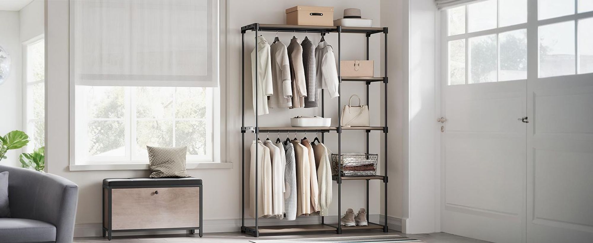 SONGMICS Kleiderschrank offen, freistehender Garderobenständer, Standregal, 43 x 124 x 182 cm
