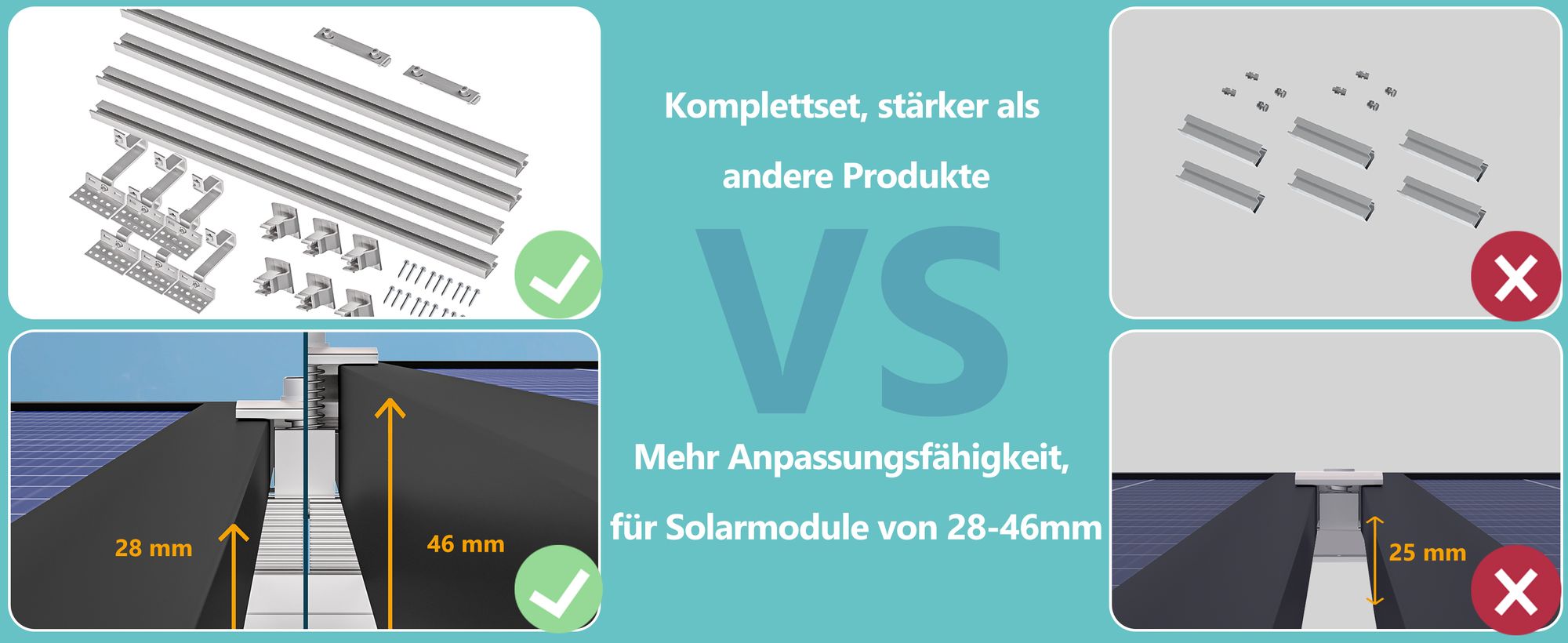 Balkonkraftwerk Halterung Ziegeldachhalterung für 2 Solarmodule Solarpanel Halterung für 28-46mm dicke Module, 0% MwSt.