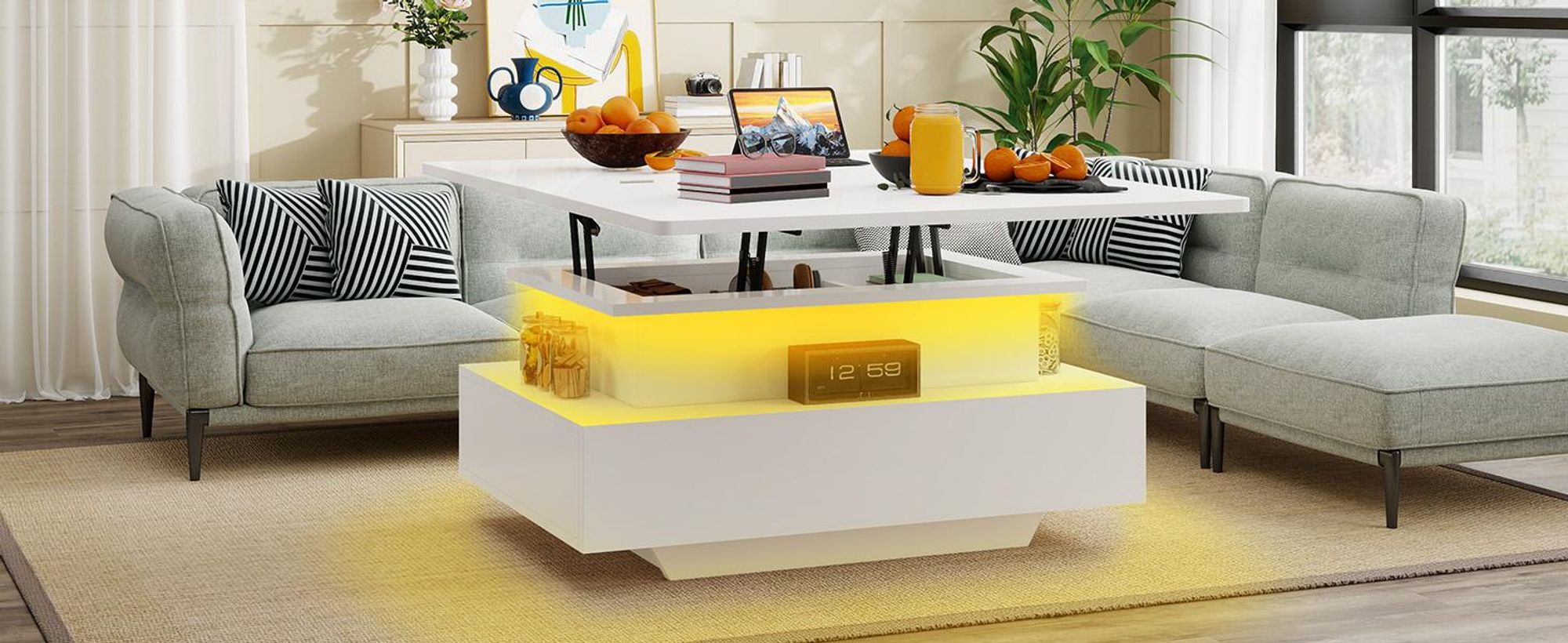 YITAHOME Couchtisch Wohnzimmertisch mit LED-Beleuchtung, Höhenverstellbar, Versteckte Aufbewahrung, 2 Schubladen, 85x55x42cm, Weiß