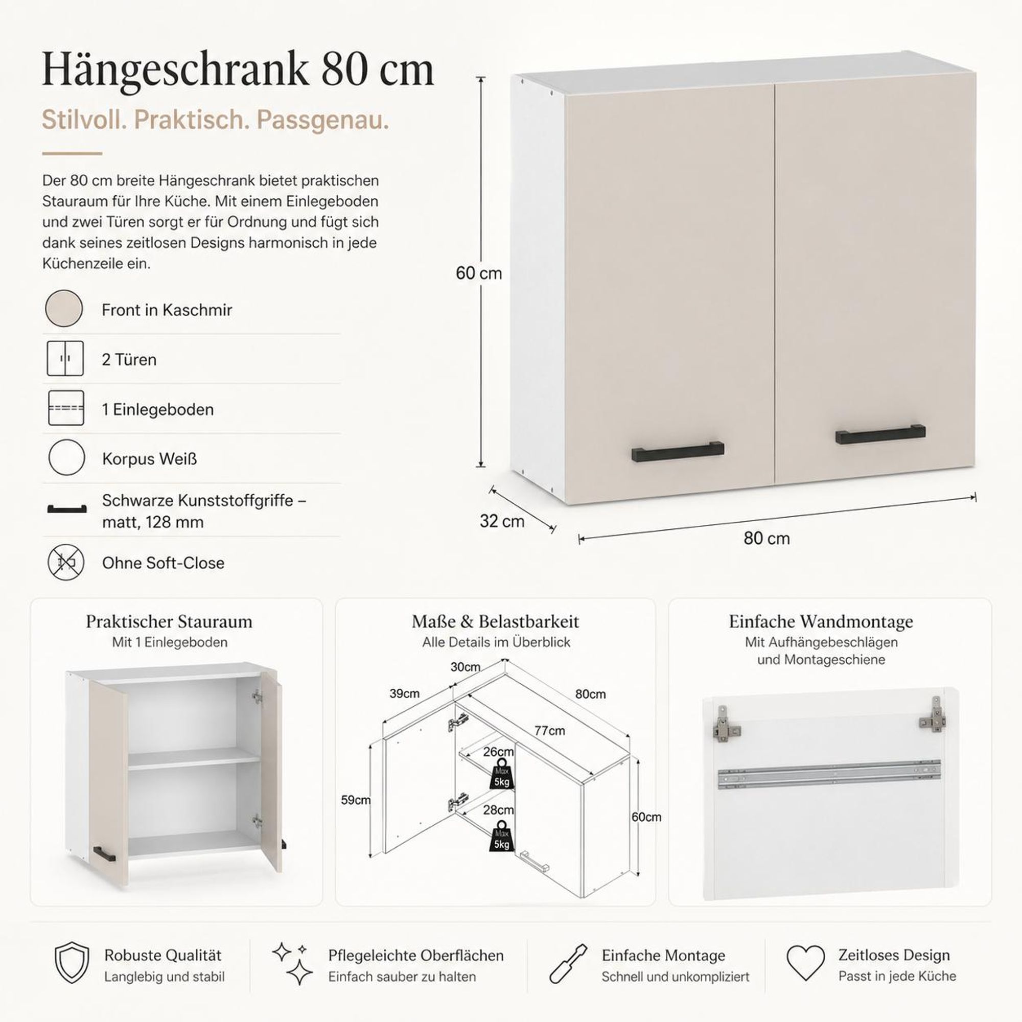 Hängeschrank 80 cm Kaschmir: Moderner Küchenschrank, weißer Korpus, schwarze Griffe.