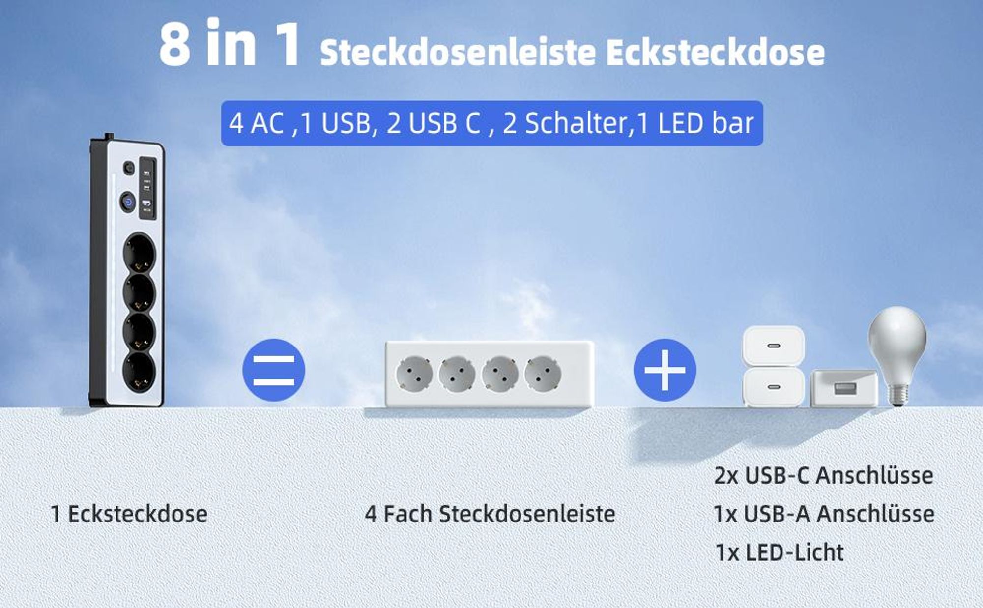 Steckdosenleiste, Steckerleiste, Tischsteckdose, 4 Fach Mehrfachsteckdose, Mehrfachstecker, 16A 3680W Ecksteckdose mit 2 Schalter, für Küche, Büro