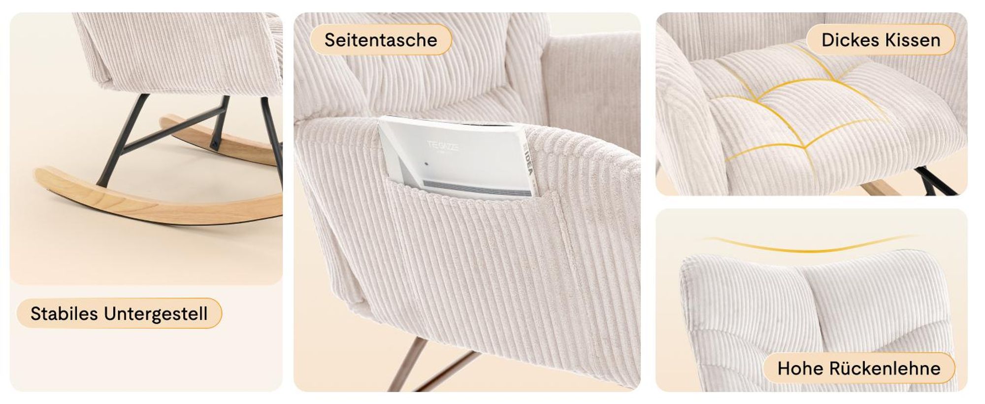 FLEXISPOT Schaukelstuhl Schaukelsessel hohe Rückenlehne & Armlehnen, Moderner Relaxsessel mit Holzkufen, gepolstert für Wohnzimmer, bis 120 kg Weiß