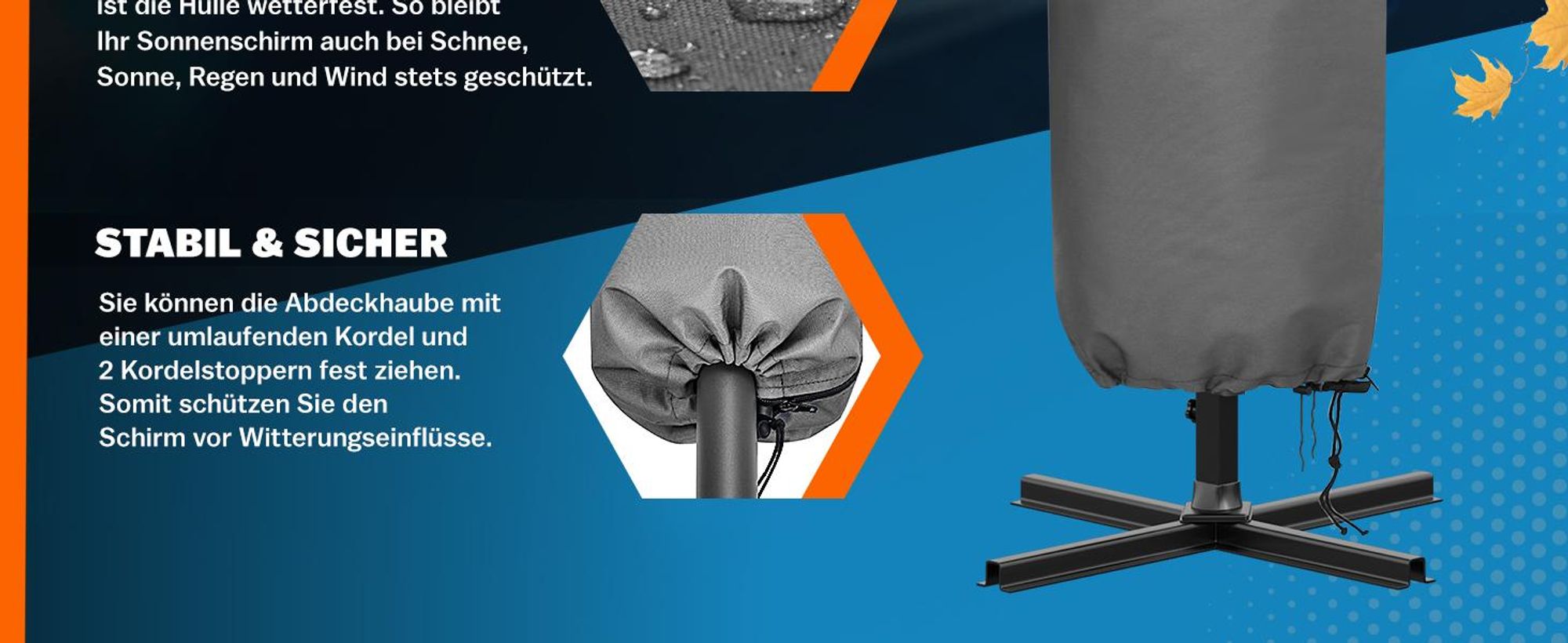KINGSLEEVE® Sonnenschirm Abdeckung bis Ø 350 cm mit Stab Winterfest Wetterfest Robust Reißfest Groß Wasserabweisend Schutzhülle Plane Abdeckplane Grau