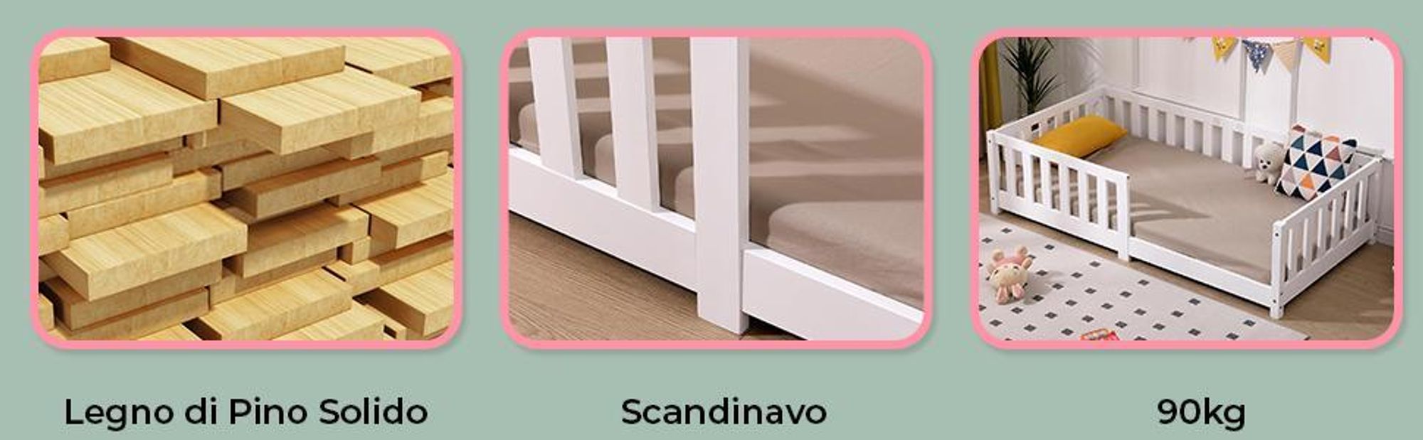 Letto per bambini 90 x 200 cm  in pino massiccio con protezione anticaduta e rete a doghe, letto Montessori in bianco naturale