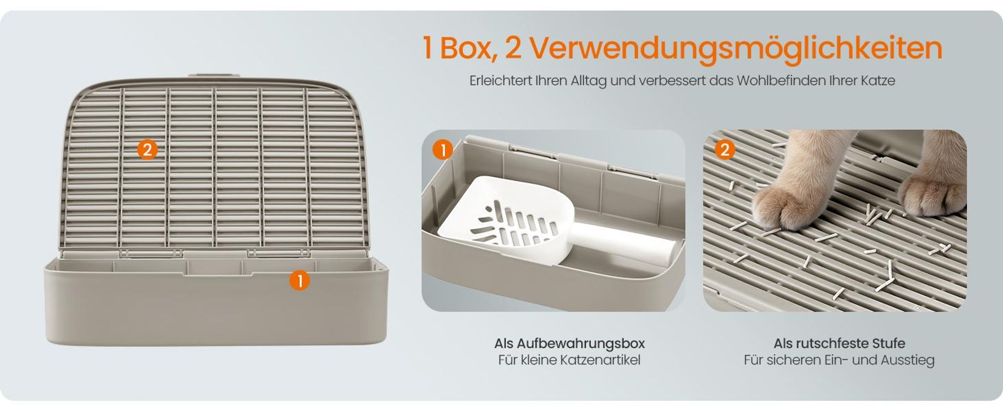 FEANDREA Katzenklo PP-Kunststoff, Edelstahl, Katzentoilette mit Deckel, Schaufel, Katzenstreumatte und 2 Eingängen, kaffeebraun