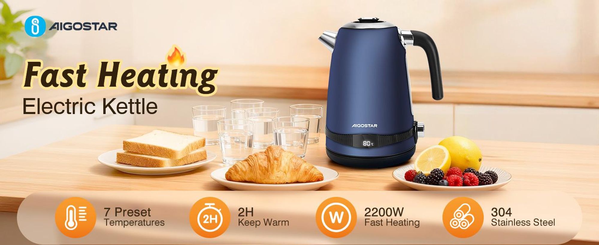Aigostar Wasserkocher 1,7 L, 2200 W, mit Temperatureinstellung 40-100℃, Warmhaltefunktion  Digitaler Temperaturanzeige, Schwarz