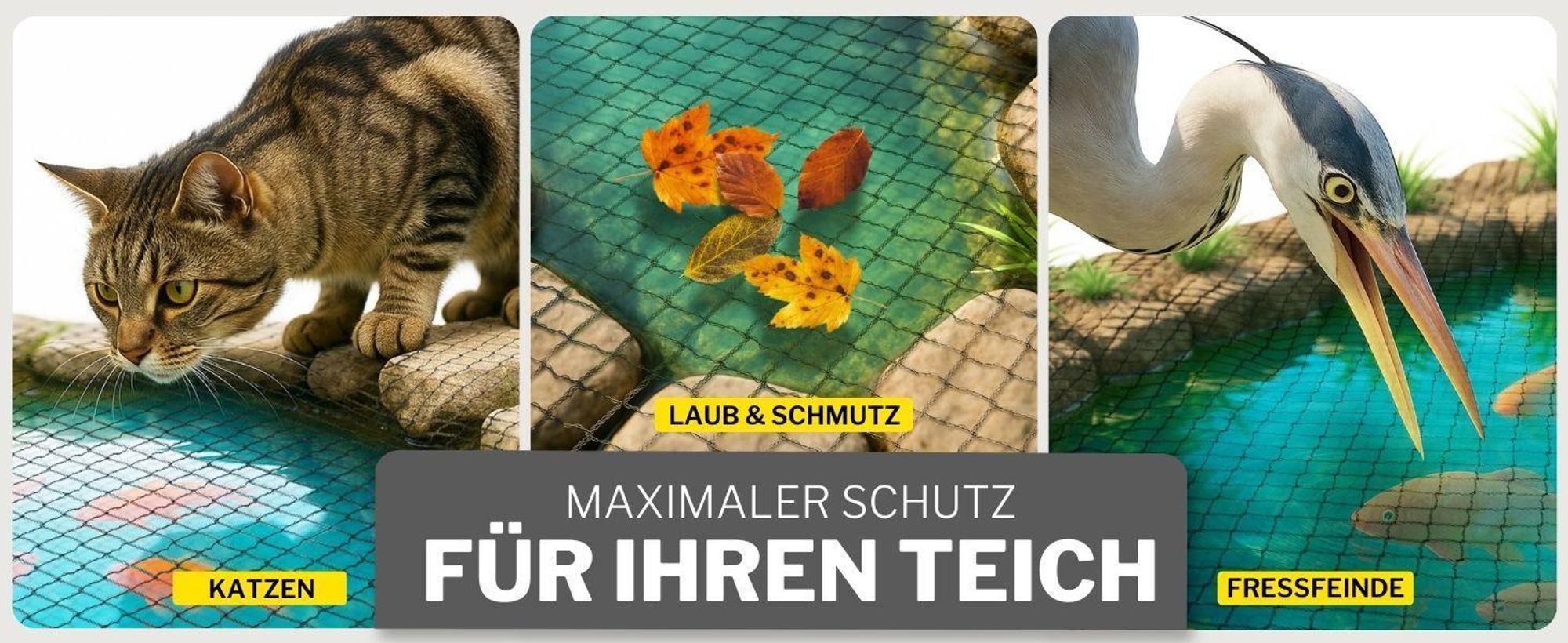 Teichnetz feinmaschig - 18 x 18 mm | 5x4 m | Schutznetz gegen Reiher, Laub und Tiere, UV-beständig, inkl. Befestigungsset