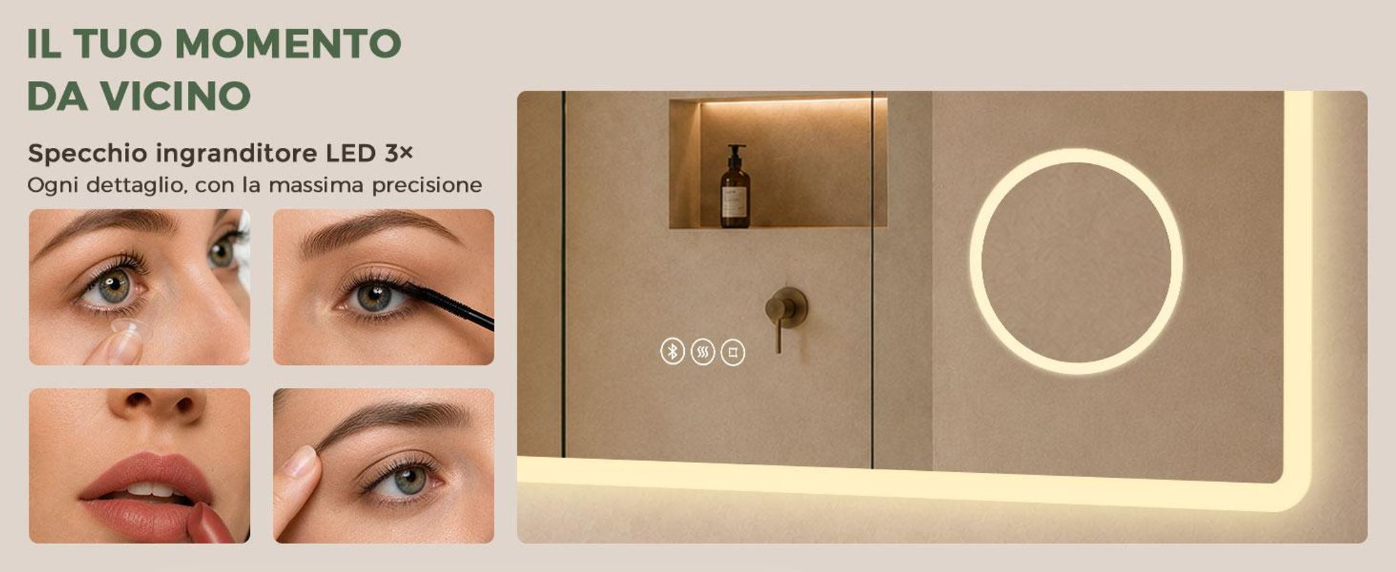 S'AFIELINA Specchio bagno LED con Bluetooth 5.3, 120 × 60 cm,Specchio ingranditore 3×, antiappannamento, 3 colori, dimmerabile, touch & memoria
