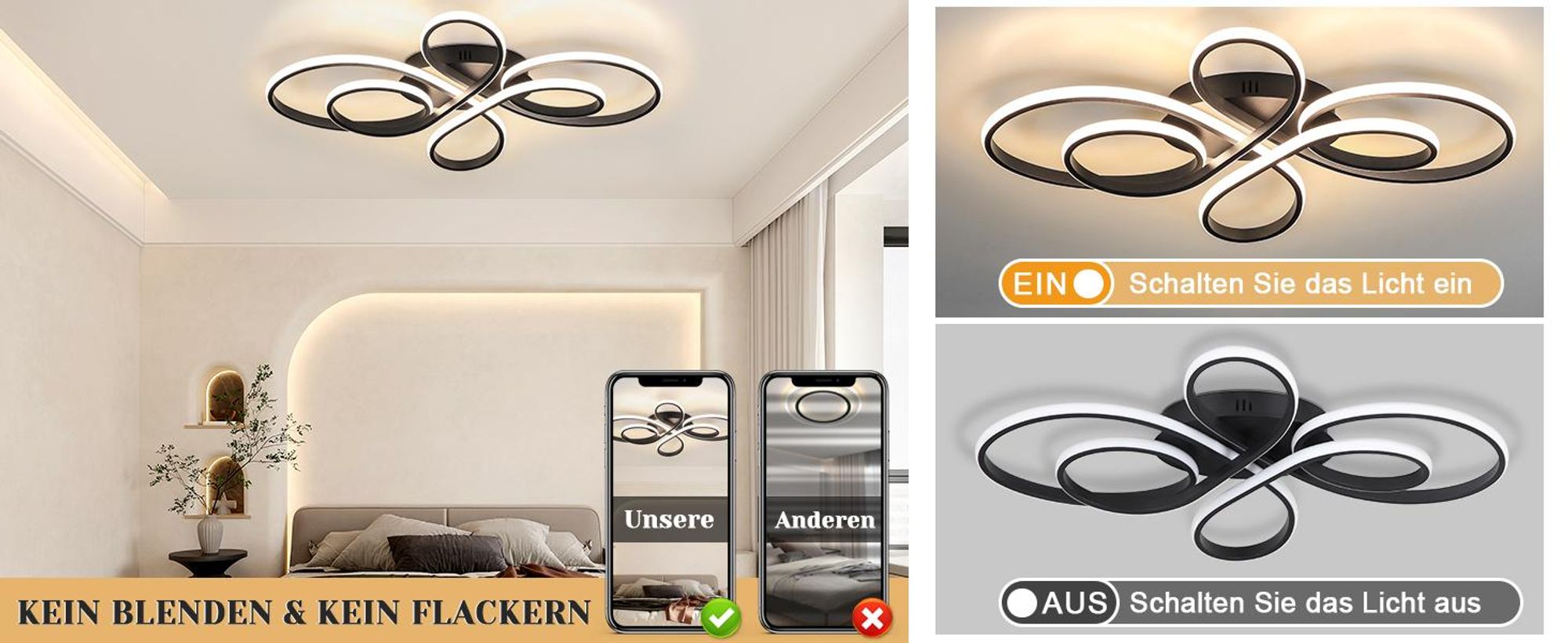 ZMH LED Deckenleuchte Schwarz Deckenlampe 80CM Dimmbar mit Fernbedienung 78W Moderne Kreative Lampe für Wohnzimmer Schlafzimmer Esszimmer Büro Küche
