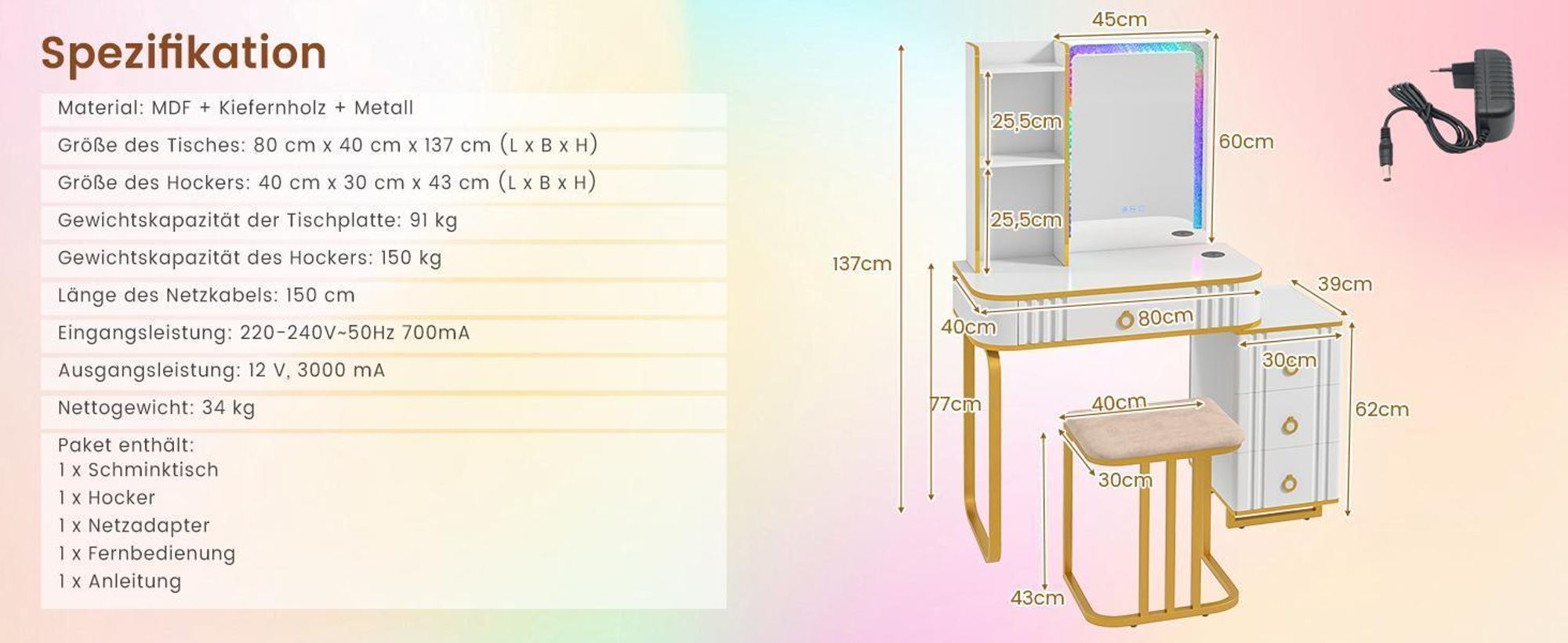 COSTWAY Schminktisch mit LED-Beleuchtung, kabelloser Ladestation, USB-Anschluss & 4 Schubladen, Kosmetiktisch mit Hocker, Weiß