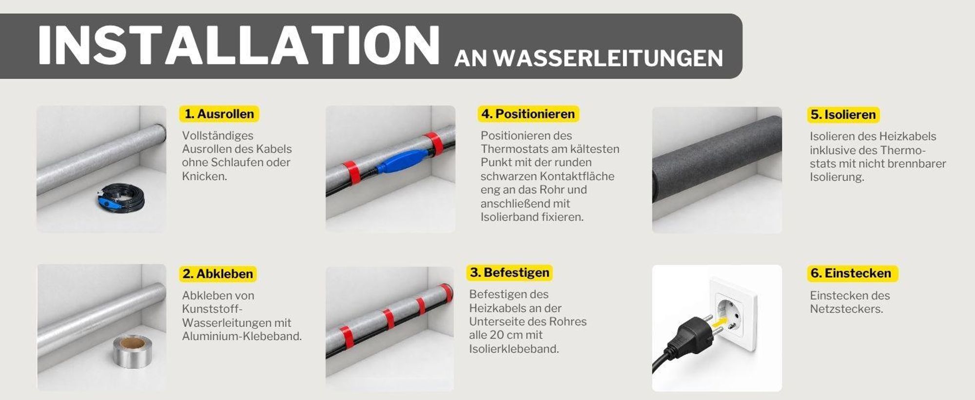horizont Frostschutz-Heizkabel 230 V – 4 m - Heizband mit Thermostat für Wasserleitungen, frostfrei bis -45 °C