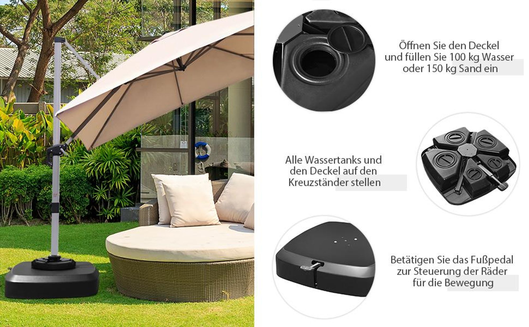 COSTWAY Sonnenschirmständer mit Rollen, 150kg, befüllbar, rollbar, Schirmständer für große Ampelschirme, Ampelschirmständer für Garten, Terrasse