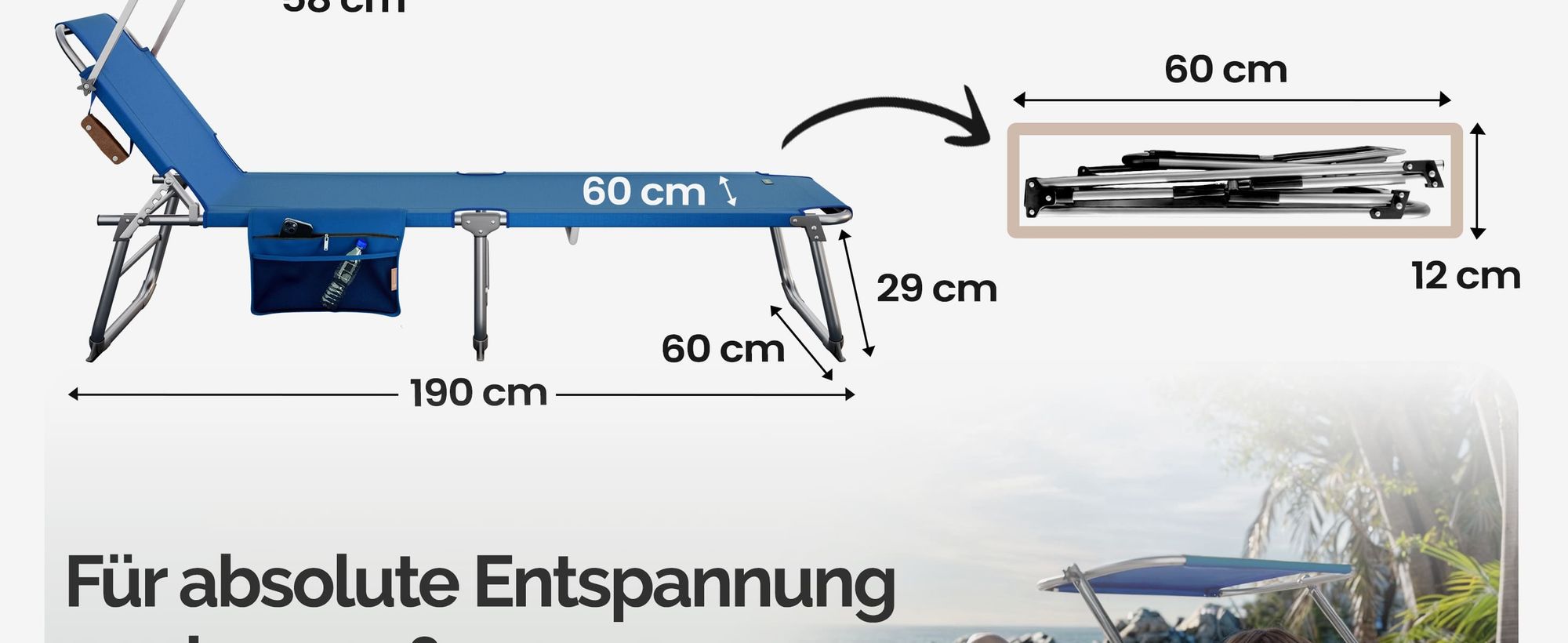 CASARIA® Sonnenliege Klappbar Wetterfest Aluminium Gartenliege Mit Dach 150 kg Belastbar Seitentasche Tragegriff Liegestuhl Relaxliege Garten Blau