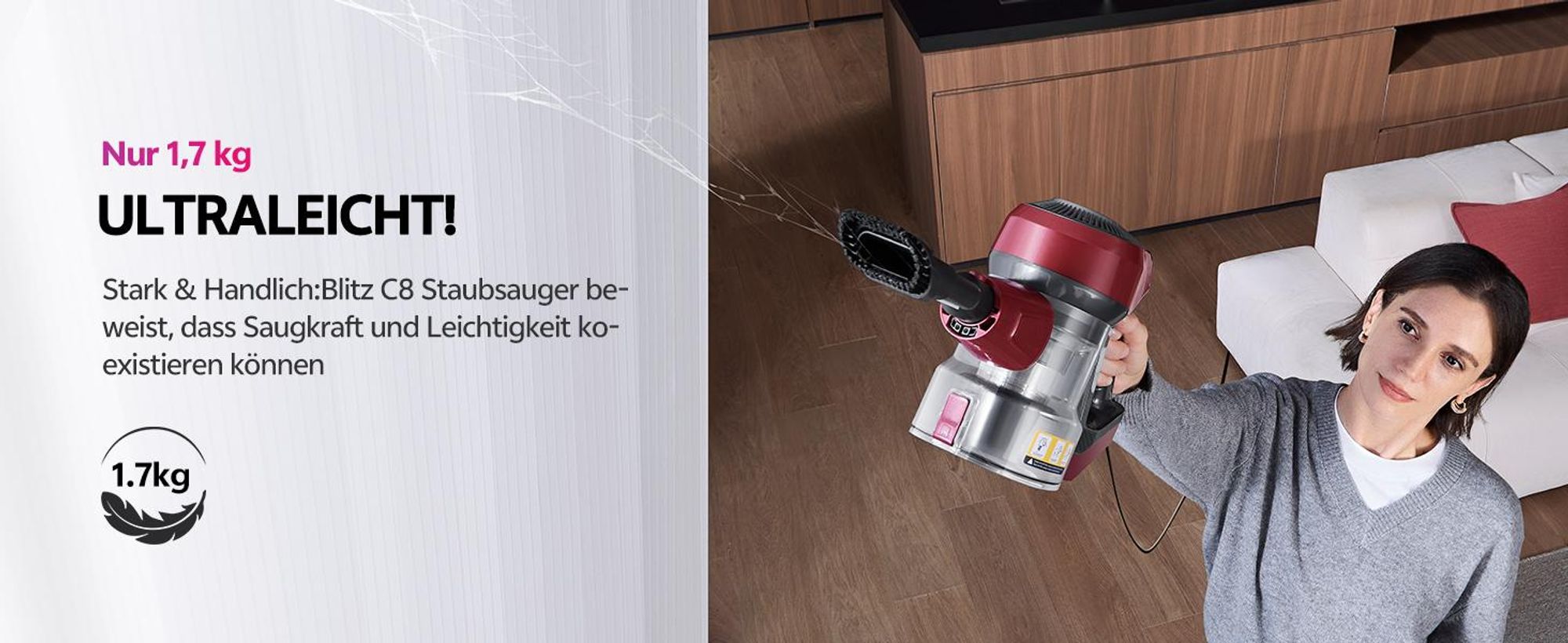 Vactidy C8 Staubsauger mit Kabel 7m/60kPa/600W Handstaubsauger 1,5L Beutelloser Staubbehälter, Antiverhedderungs-Bürste für Böden Teppiche Tierhaare