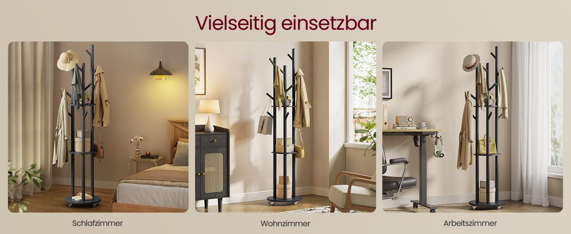 Garderobenständer, Kleiderständer mit 11 Haken und 3 Ablagen, 4 drehbare und abnehmbare Rollen, tintenschwarz