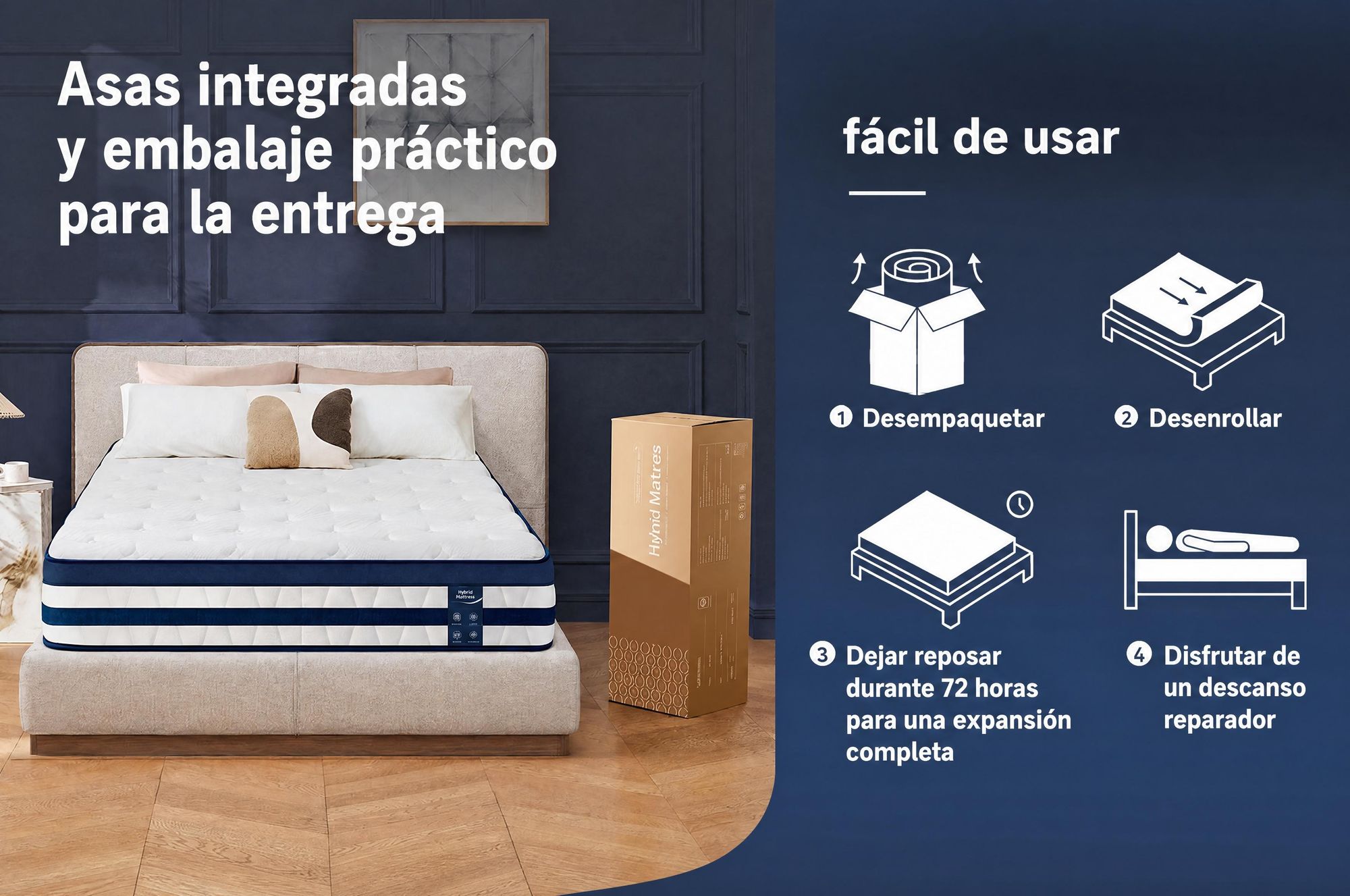 Colchón de 180x200 cm, 26 cm de grosor, con capa superior integrada, colchón de muelles ensacados de 7 zonas, firmeza H3/H4