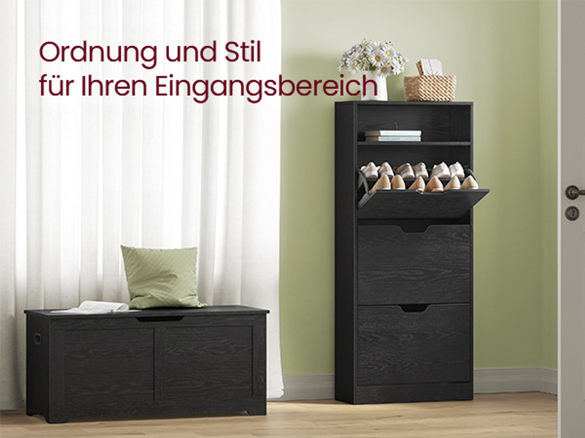 VASAGLE Schuhschrank 3 Klappen, Schuhregal, Schuhaufbewahrung, offenes Fach, Trennwand verstellbar, für 14-18Paar Schuhe, Flur, 24x60x139cm