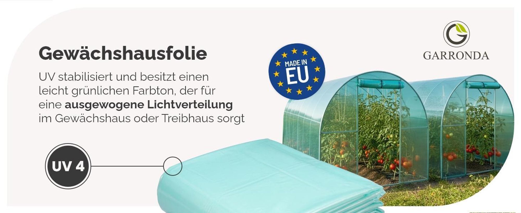 Garronda Gewächshausfolie 6x6 m (Länge x Breite) 3-Schichtig UV Stabilisiert Reißfeste Folie für Gewächshaus Tunnelfolie Folientunnel und Treibhaus Abdeckfolie für Garten GD-0198 Grün