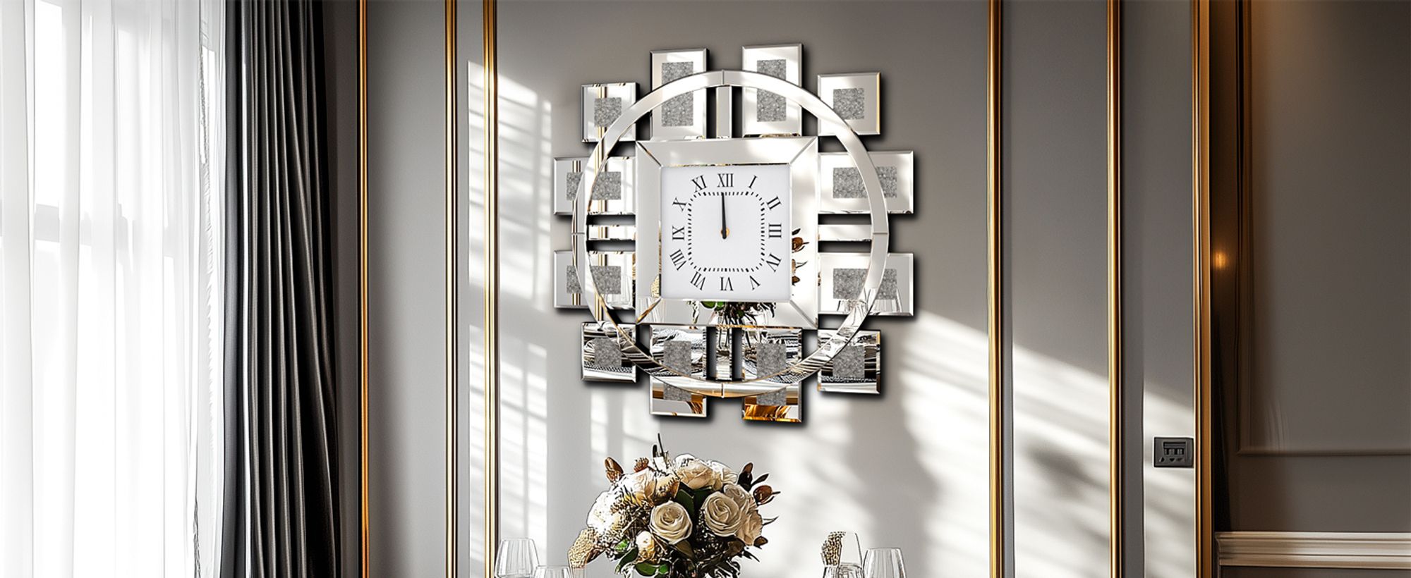 WISFOR Wanduhr 80 cm, rund Dekouhr, Modern Atmosphera Küchenuhr Wohnzimmer Bürouhr, Leise Römischen Ziffernr, Glas, Silber