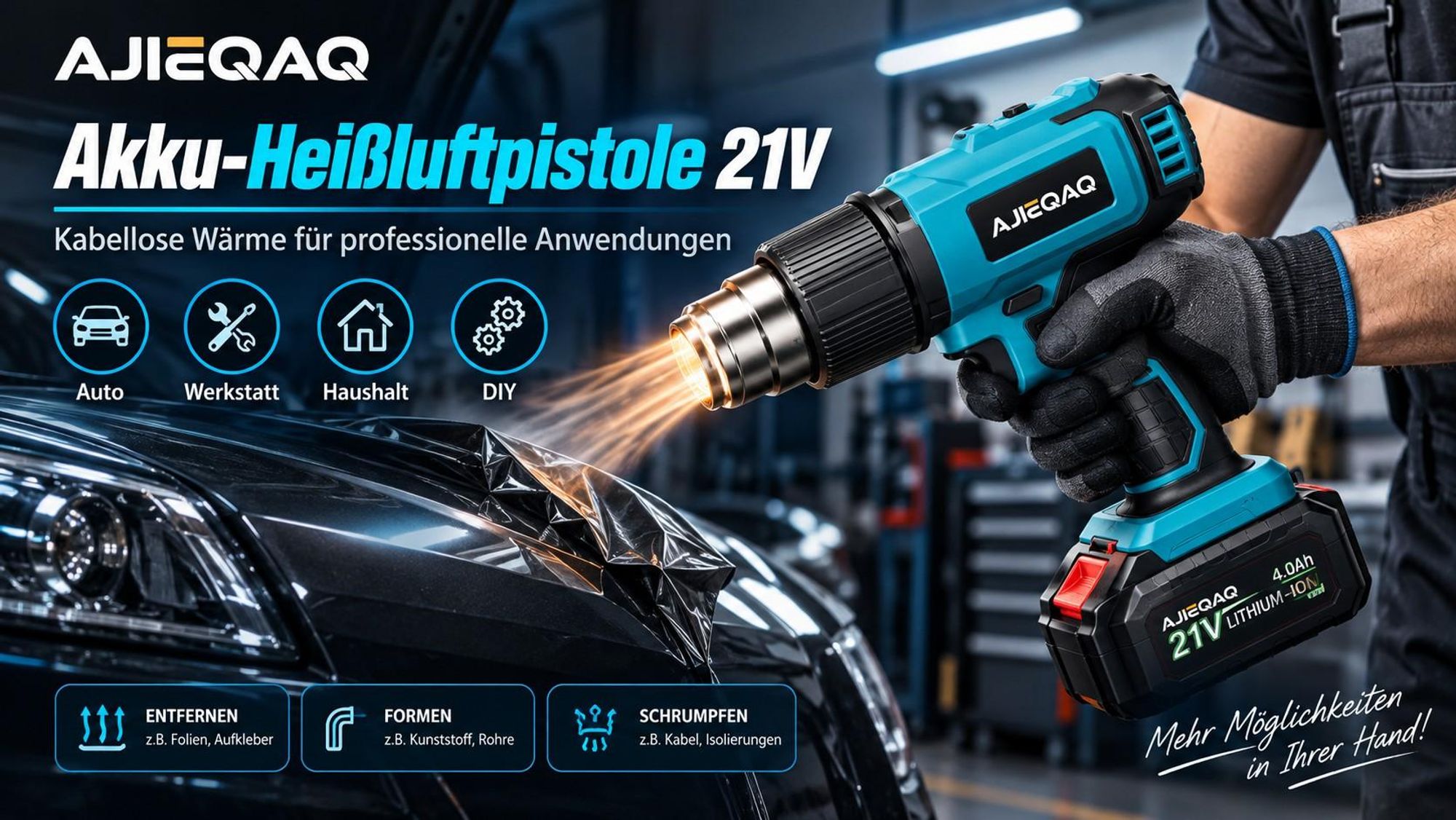 Akku-Heißluftpistole 21V, 500W Heißluftgebläse, 300/550°C, 250/500 L/min, 2×4,0Ah Akkus, 3 Düsen, Koffer