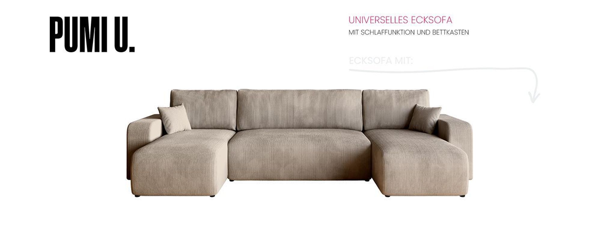 BroMARKT Ecksofa PUMI Schlaffunktion Bettkasten U-Form 125x268 cm Hellgrau