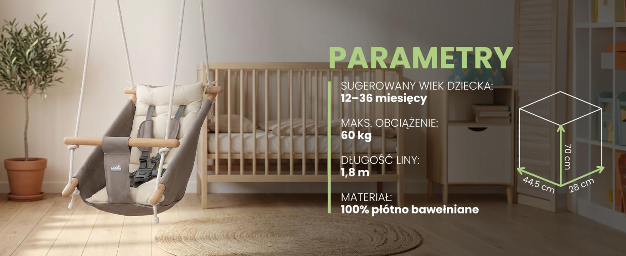 Huśtawka dla niemowląt, hamak, leżaczek Malplay 3 w 1 z regulowanym pasem bezpieczeństwa do 60 kg, Malo Wave, szaro-biały