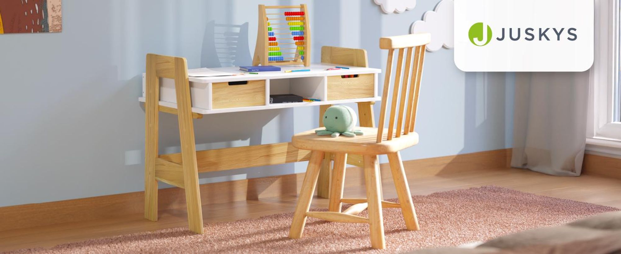 Juskys Kinder Schreibtisch Fietje - Höhenverstellbarer Kinderschreibtisch aus Holz, 2 Schubladen