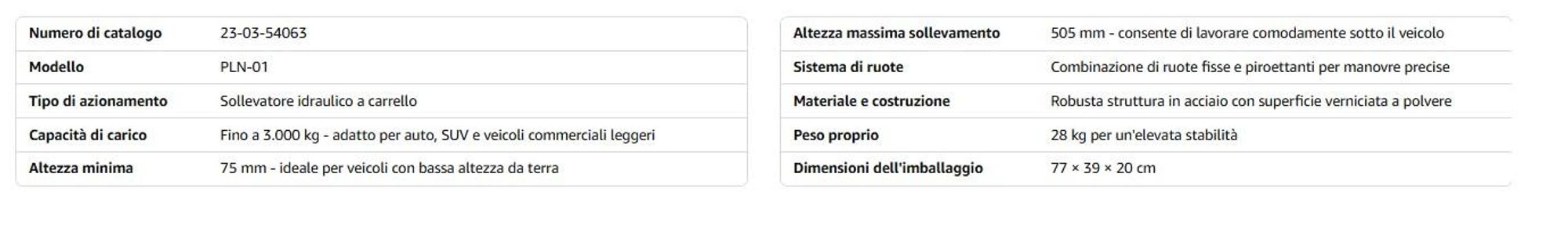 Sollevatore idraulico per autovetture PLN-01, capacità 3T, altezza di sollevamento 75–505mm, modello a doppio pistone