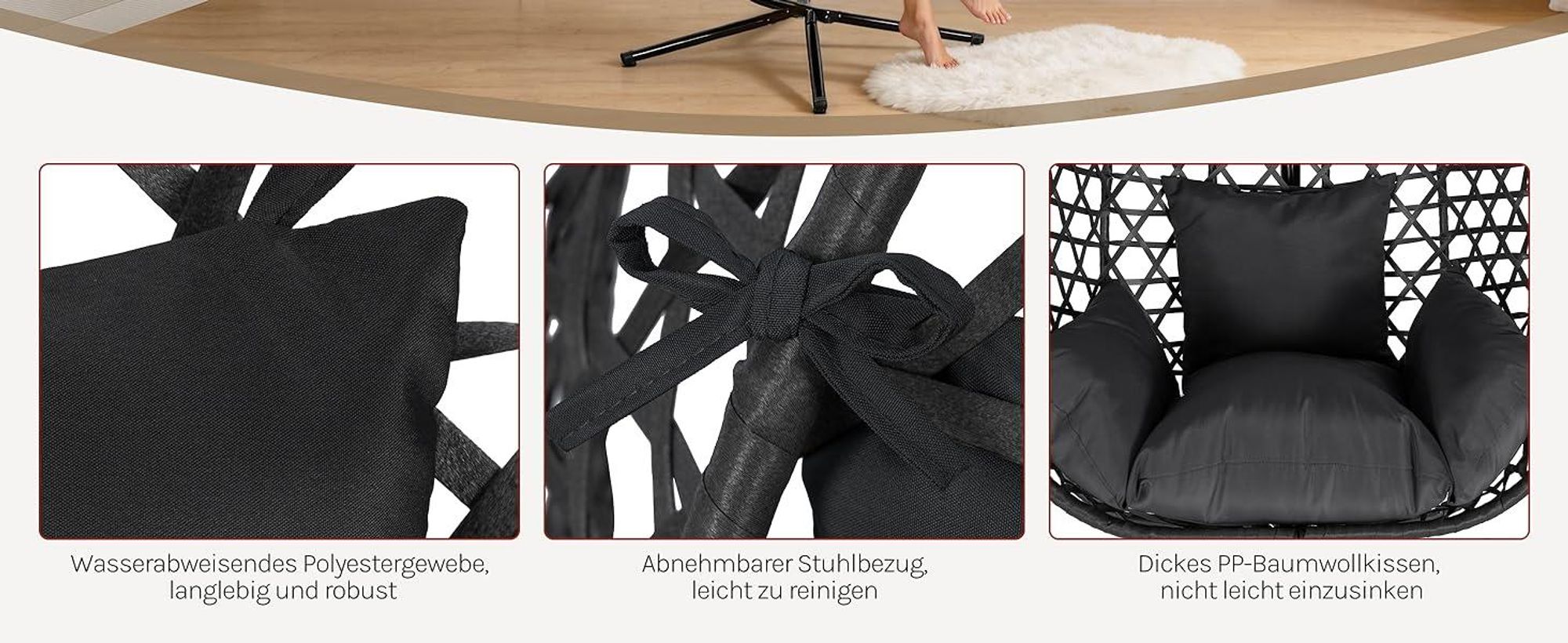 WOLTU Hängesessel mit Gestell bis 150 kg belastbar PE-Rattan, Schwarz