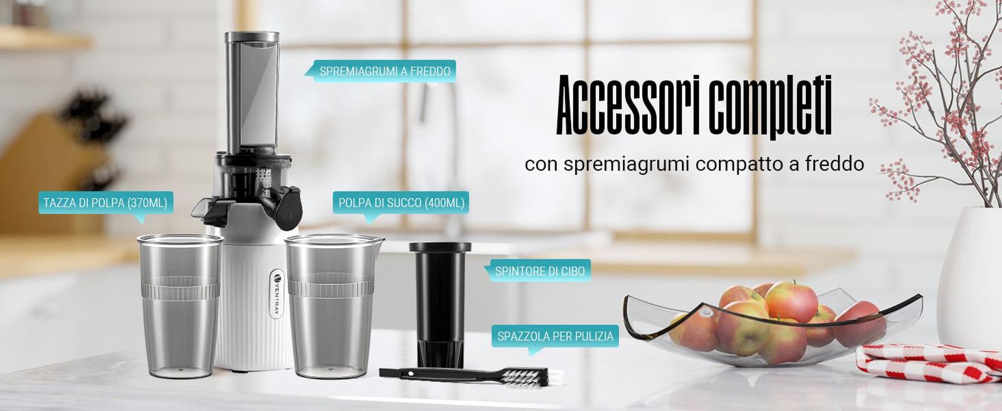 Ventray Essential Ginnie - Spremiagrumi a freddo, spremiagrumi lento compatto e silenzioso (60 giri al minuto, apertura di alimentazione di 45 mm), senza BPA, 400 ml, facile da pulire