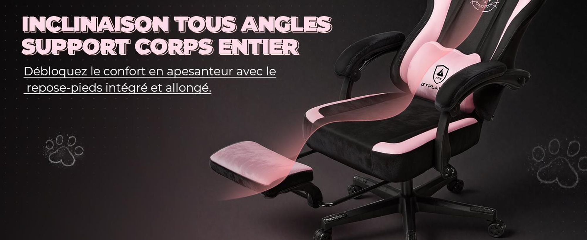 GTPLAYER Chaise gamer mignonne avec tissu velours, Gaming Chair, chaise de bureau ergonomique Gamer Chair avec oreilles de chat, mousse à mémoire de forme et repose-pieds, 150kg
