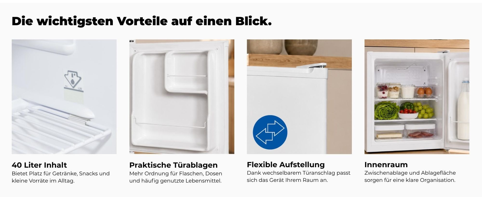Exquisit Mini-Kühlschrank, Kühlschrank ohne Gefrierfach, 40 Liter, 45 cm Breite, 51 cm Höhe, Türanschlag wechselbar, KB505-V-040E weiss