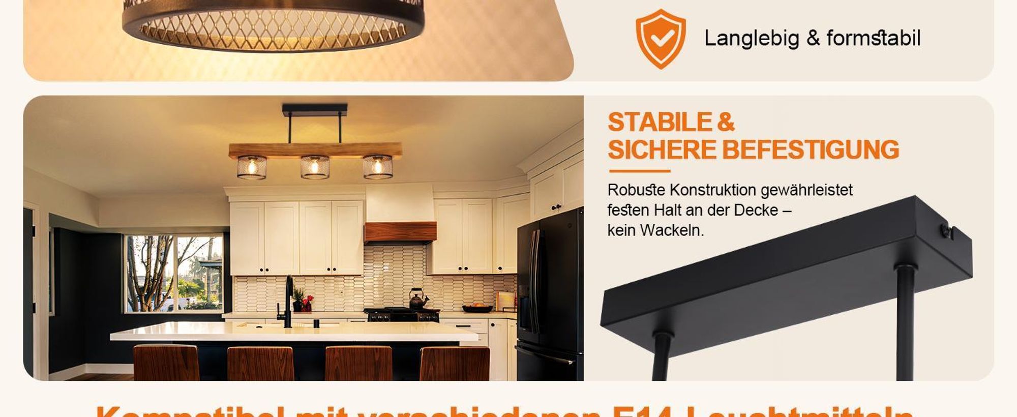 ZMH Deckenlampe Holz 3 flammig E14 Deckenleuchte Wohnzimmerlampe aus Metall Gitterschirm  Küchenlampe Decke für Esstisch Wohnzimmer Küche Schlafzimmer