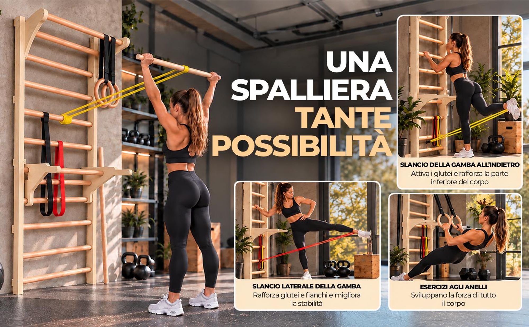 MAMOI Spalliera con barra trazioni, elastici e bastone per stretching