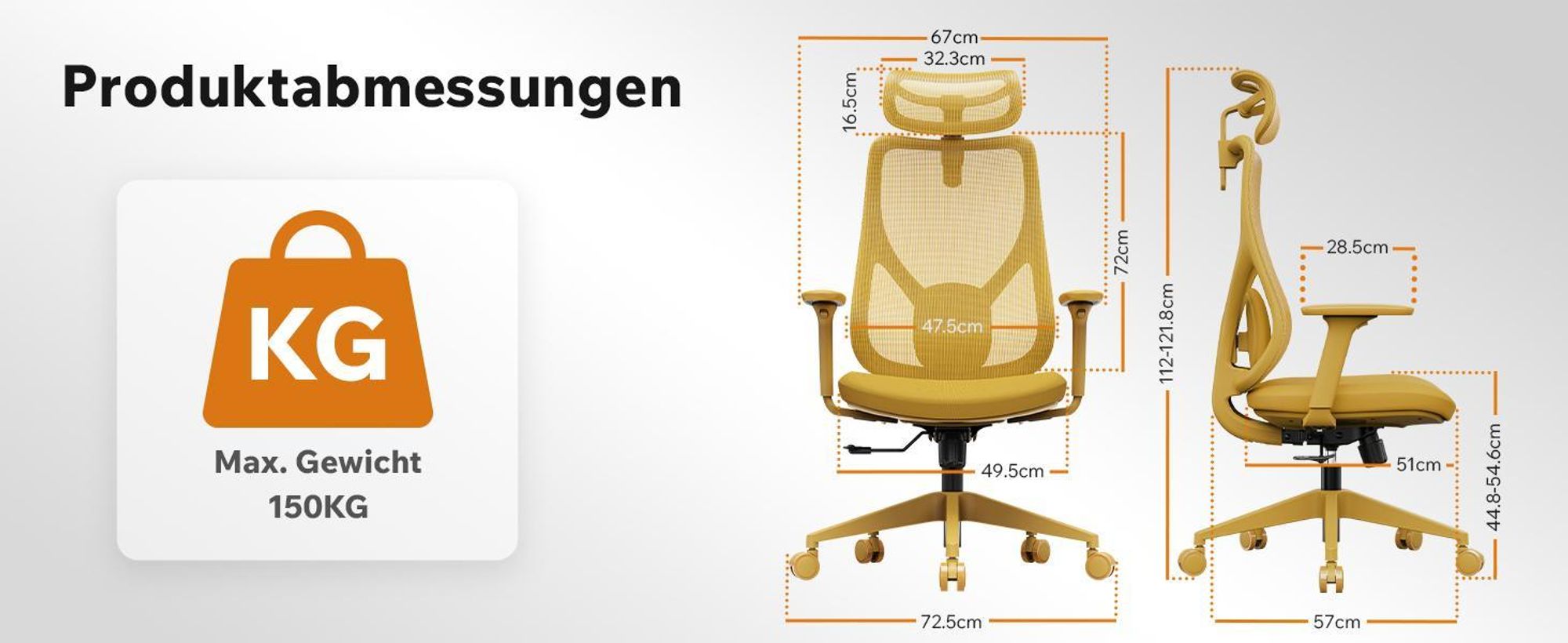 SENSE7 Moyo Ergonomischer Bürostuhl Schreibtischstuhl Gelb 3D-Armlehnen Netzrücken Lendenwirbelstütze Chefsessel Homeoffice PC Stuhl 150 kg