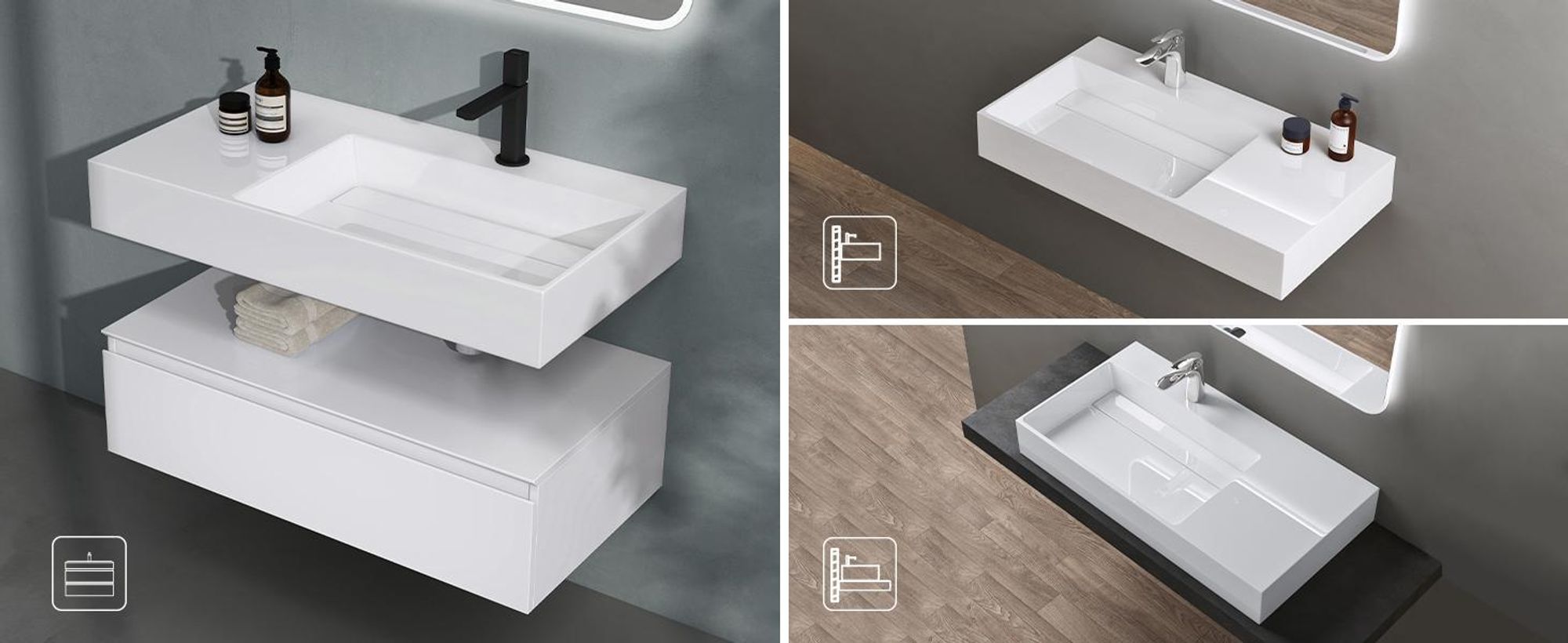 doporro Design Waschbecken 90x48x13 cm mit verstecktem Ablauf in weiß aus Mineralguss als Aufsatzwaschbecken und Hängewaschbecken geeignet col12-R