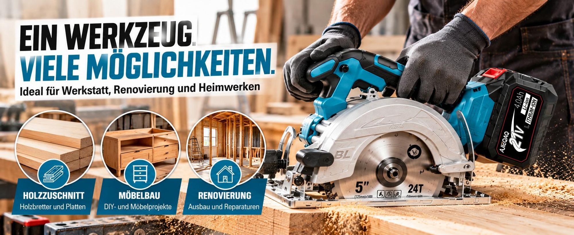 Akku-Handkreissäge 21V 2000W Brushless, 125mm Mini Kreissäge mit 2×4,0Ah Akkus, 10800 U/min, 45mm Schnitttiefe, 0–45° einstellbar, 3 Sägeblätter