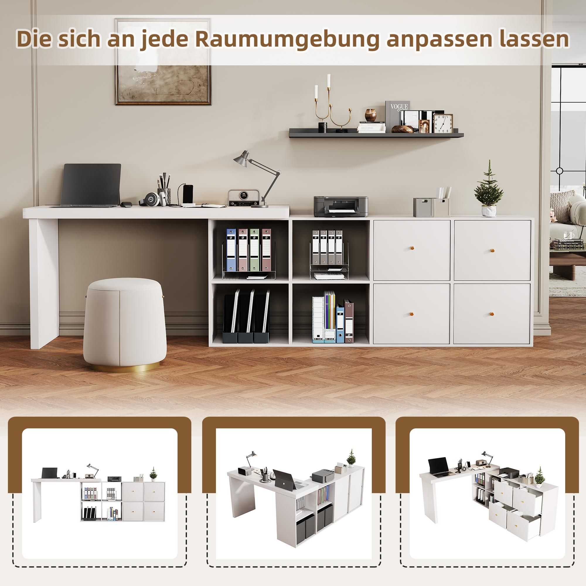 Merax Eckschreibtisch, L-förmiger Schreibtisch, 360° drehbar, Computertisch mit 8 Fächer, 4 Schubladen, Bürotisch, Arbeitstisch, Weiß