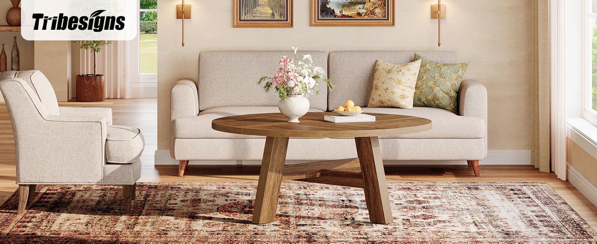 Tribesigns runder Couchtisch, 100 cm Mid-Century Modern runder Couchtisch mit verstärkter Kreuzstrebe, niedriger Holztisch für Wohnzimmer, Walnuss