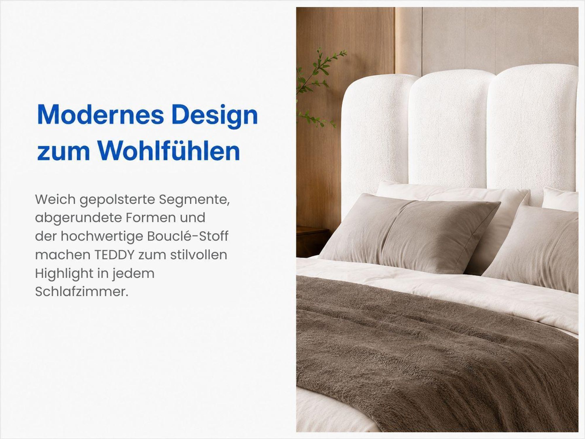 Polsterbett TEDDY mit weichem Kopfteil und abgerundeten Bouclé-Segmenten