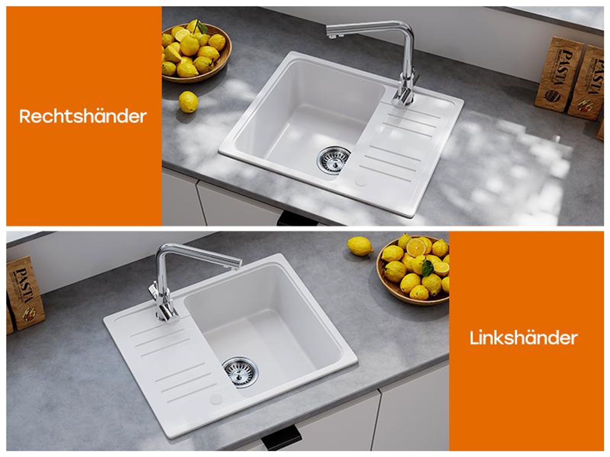 HOROW Granit Küche Spüle Weiß - 1 Becken Einbauspüle mit Reversible Installation, Spülbecken mit Siphon Ab- und Überlaufgarnitu 57 x 45 cm