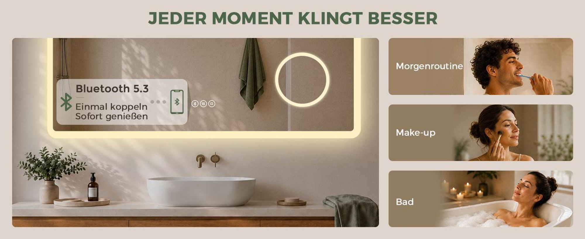S'AFIELINA Badspiegel mit Beleuchtung und Bluetooth 5.3, 120 × 60 cm, 3× Kosmetikspiegel, Antibeschlag, 3 Lichtfarben, dimmbar, Touch & Memory