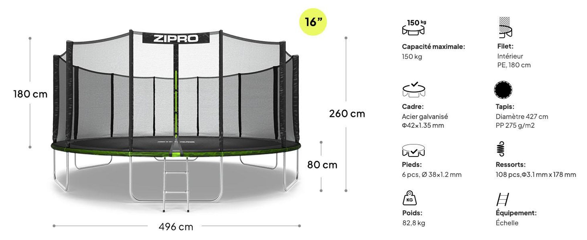 Trampoline ZIPRO Jump Pro Out | 16FT Ø 496 cm | Trampoline de jardin Trampoline pour enfants Kit complet avec filet extérieur, échelle et housse de protection, pour l'extérieur, vert
