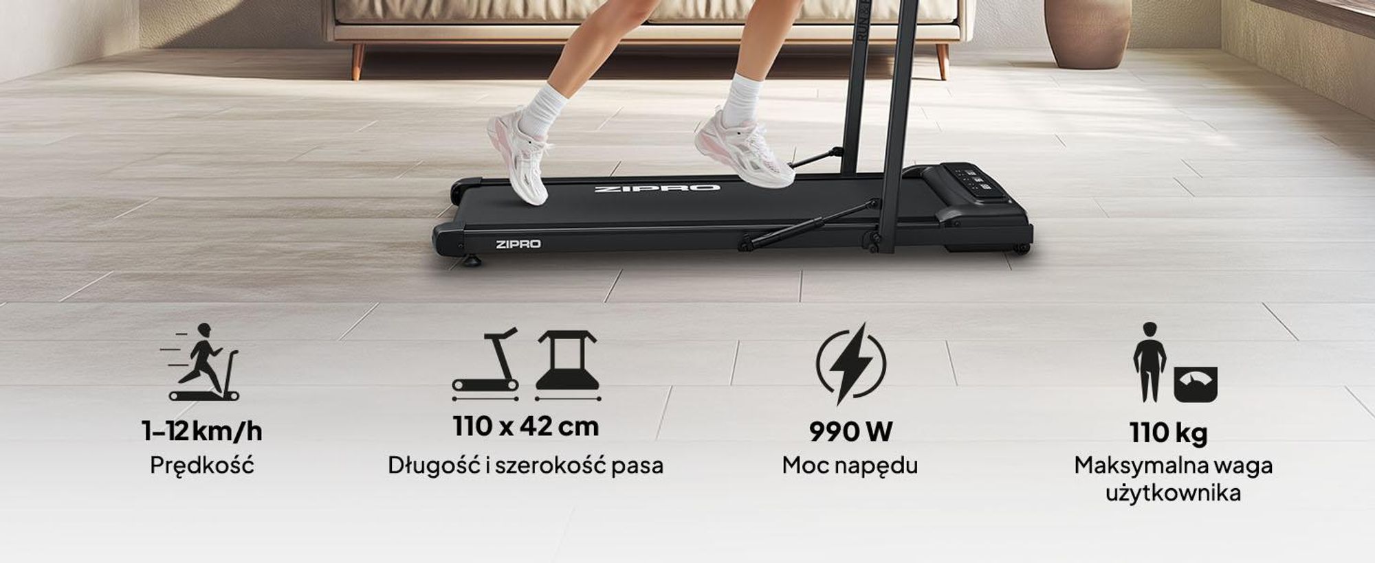 ZIPRO Newlite Składana bieżnia – Walking Pad Podblatowa bieżnia do domu o prędkości do 10 km/h Urządzenie fitness Pilot Bluetooth