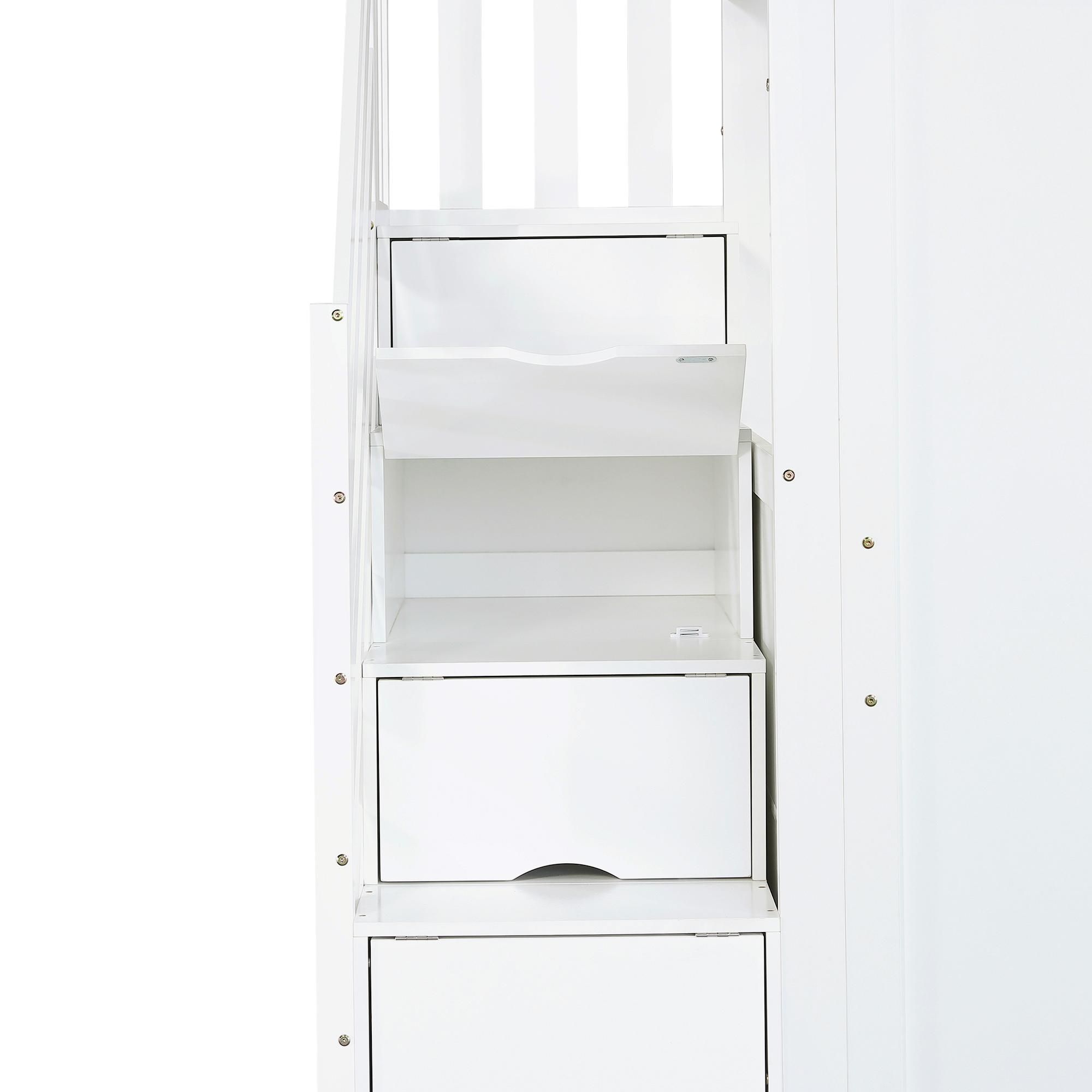 Flieks Etagenbett 90x200cm mit Schreibtisch und Regal, Kinderbett Hochbett mit Schubladen und Treppe, Stockbett Jugendbett mit Rausfallschutz, Weiß
