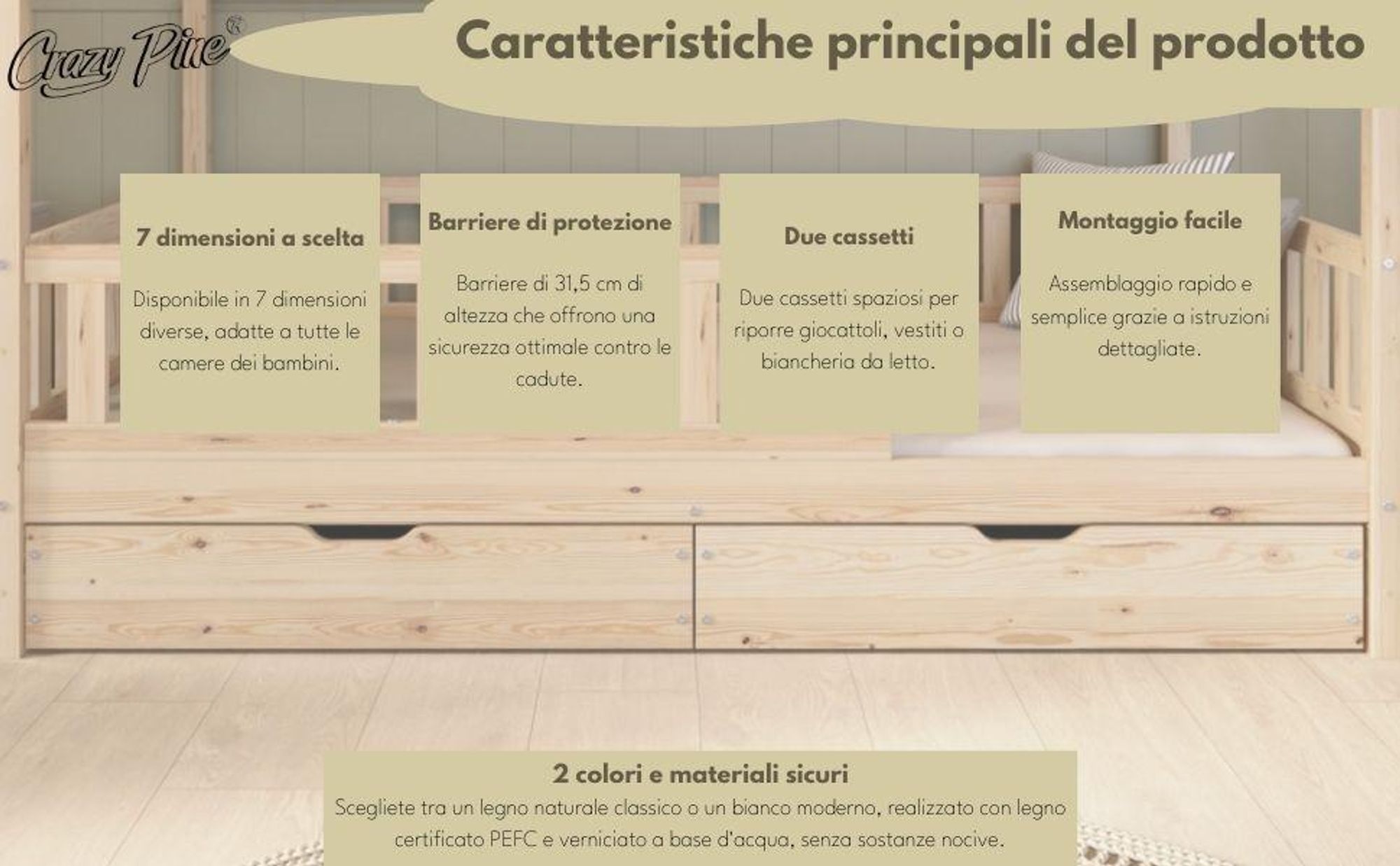 Crazy Pine Letto a Casetta con Cassetto 90x200 cm – Letto da Pavimento in Legno per Bambini – Cassetto e Barriera Rimovibile – Crazy House