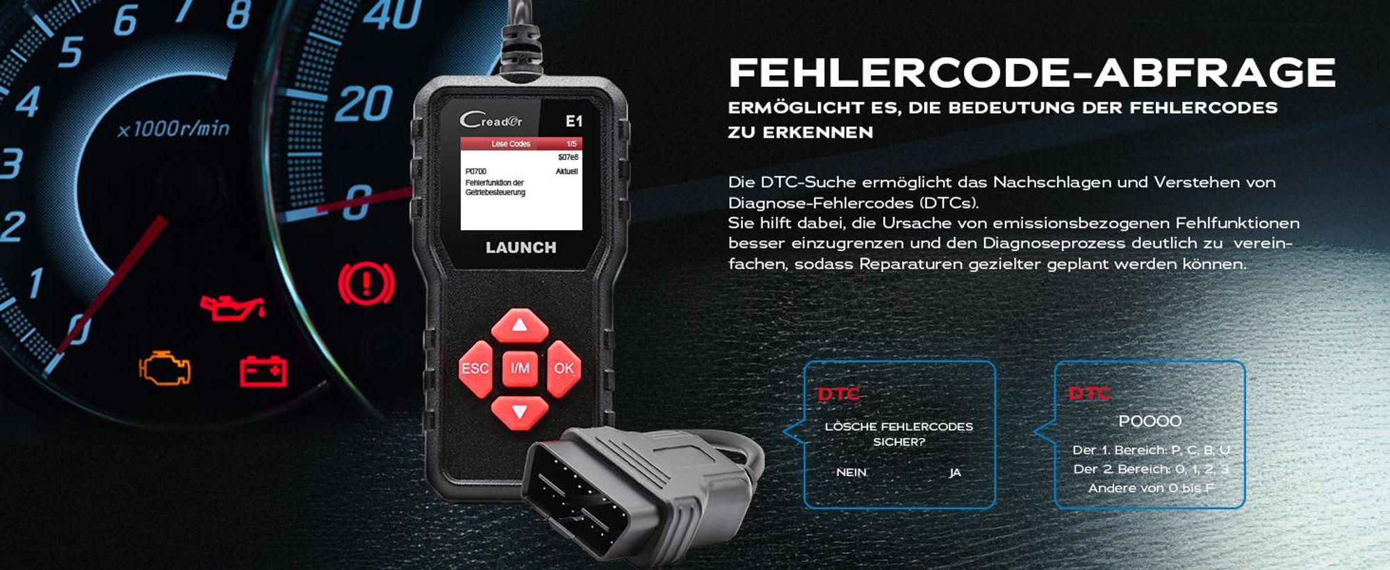 LAUNCH Creader E1 OBD2 Diagnosegerät Auto,Fehlerauslesegerät für Motor & Abgas,liest & löscht Fehlercodes, zeigt Live-Daten & I/M-Bereitschaft